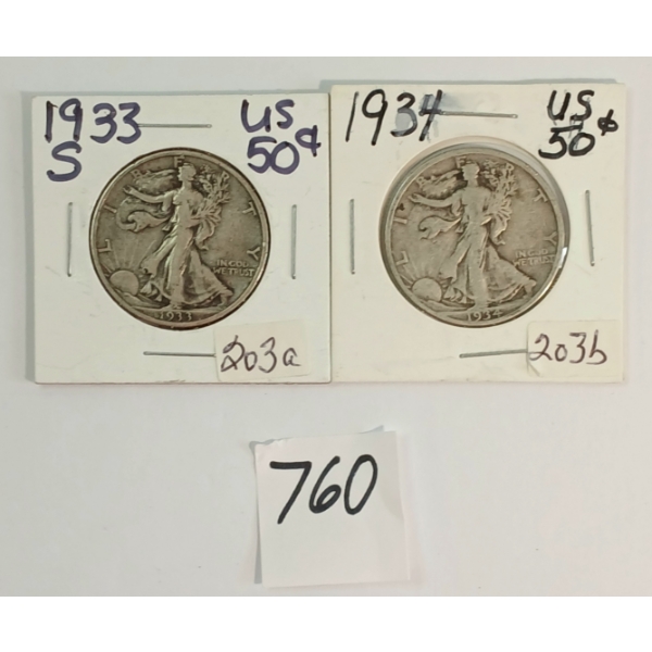 LOT OF 2 - 1933 & 1934 US 50 CENT SILVER COINS