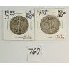 LOT OF 2 - 1933 & 1934 US 50 CENT SILVER COINS