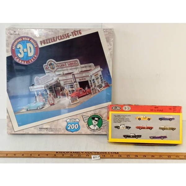 LOT OF 2 - HALLMARK 3D ADVENTURE ROAD PUZZLE & HELJAN HO-SCALE CARS MODEL KIT