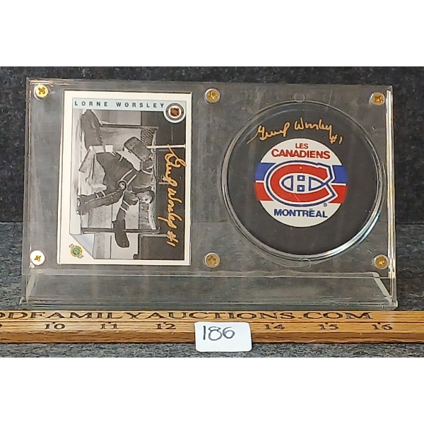 1992 UTC NHL MONTREAL CANADIENS LORNE WORSLEY HOCKEY CARD & PUCK - AUTOGRAOHED