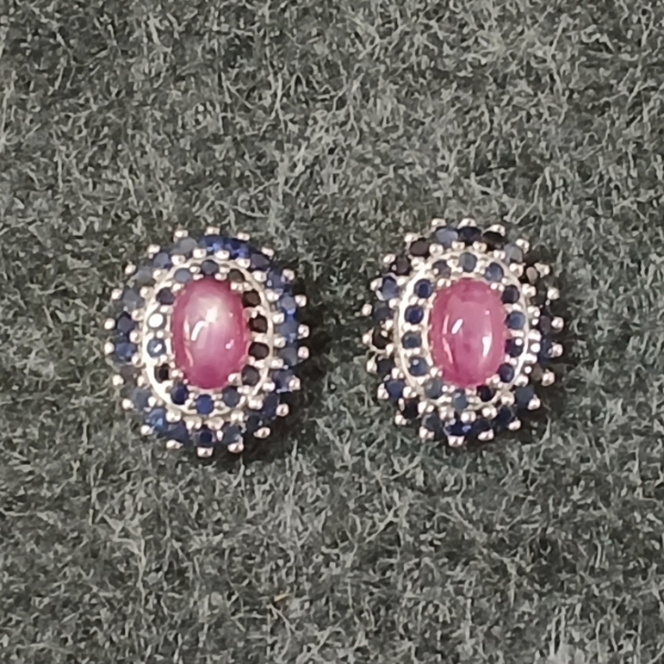 PAIR OF NATURAL STAR RUBY, BLUE SAPPHIRE & STERLING SILVER EARRINGS