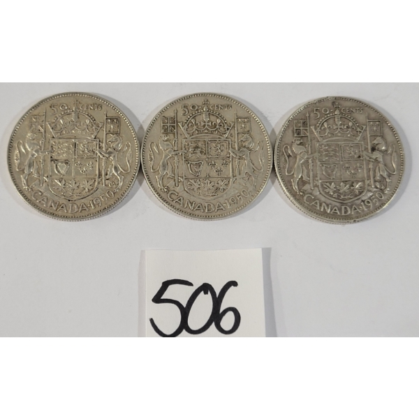 LOT OF 3 - 1950 CDN 50 CENT SILVER COINS