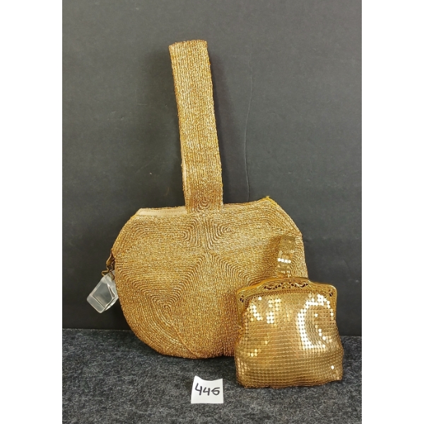 LOT OF 2 - CORDE & MESH WHITNG & DAVIS CO. GOLD HANDBAG & COIN PURSE