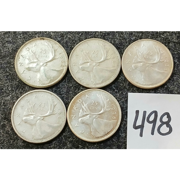 LOT OF 5 - 1962-1968 CDN 25 CENT SILVER COINS