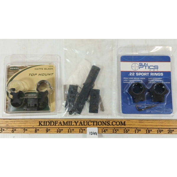 LOT OF 3 - SCOPE MOUNT BASES, WEAVER 1IN HIGH & SUN OPTICS .22 SPORT SCOPE RINGS