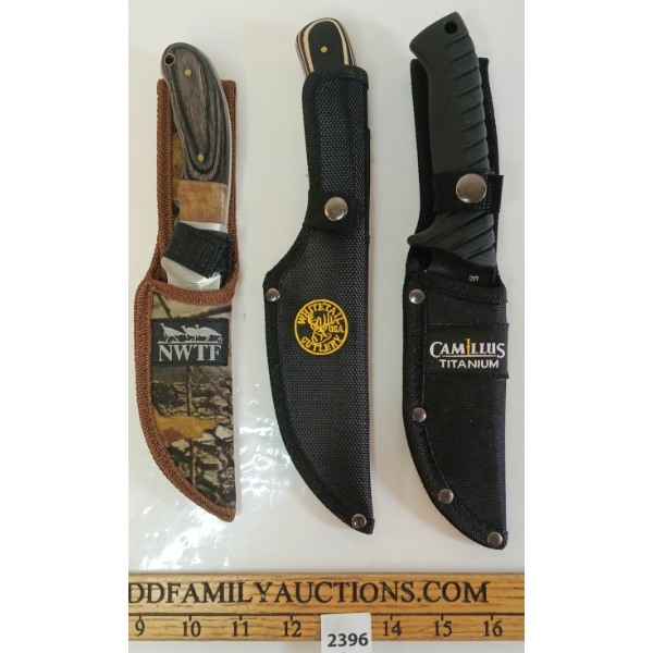 LOT OF 3 - CAMILUS, NWTF & WHITETAIL HUNTING KNIVES W/ SHEATHS