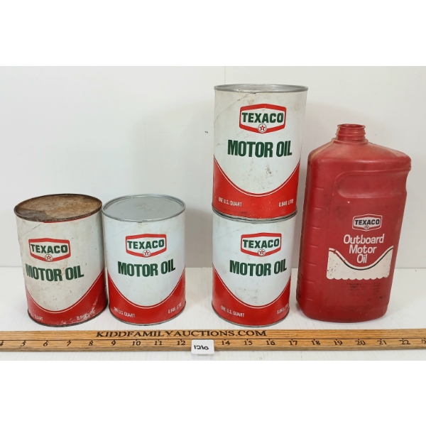 LOT OF 5 - TEXACO QT CANS & OUTBOARD MOTOR OIL