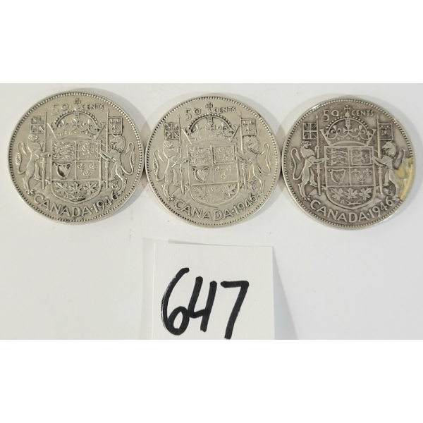 LOT OF 3 - 1946 CDN 50 CENT SILVER COINS