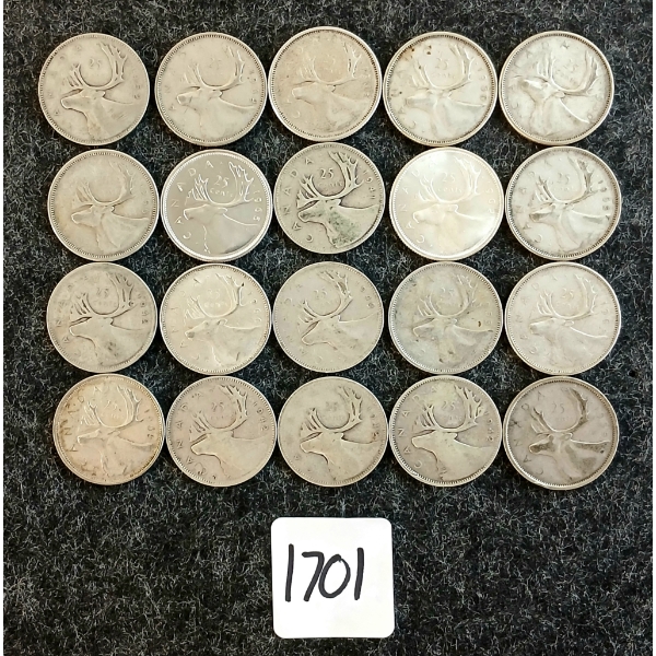 LOT OF 20 - 1941-1966 CDN 25 CENT COINS