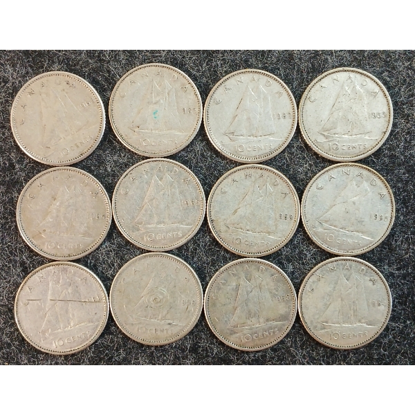 LOT OF 12 - 1958-1966 CDN 10 CENT COINS