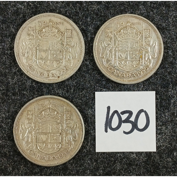 LOT OF 3 - 1956 CDN 50 CENT SILVER COINS