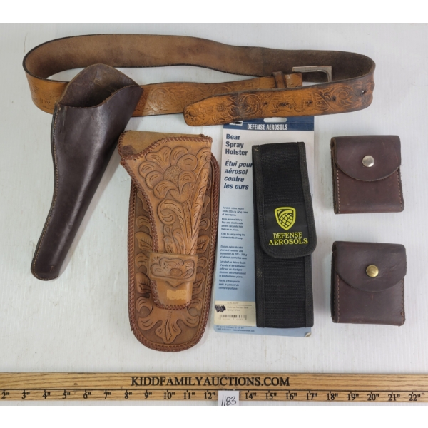 LOT OF 5 - LEATHER PISTOL HOLSTER, AMMO POUCHES & BEAR SPRAY HOLSTER