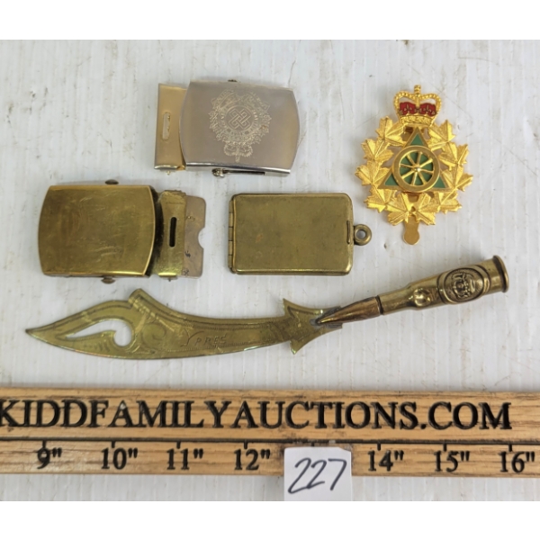 LOT OF 5 - CDN CAP BADGE, BRASS BUCKLES & TRENCH ART