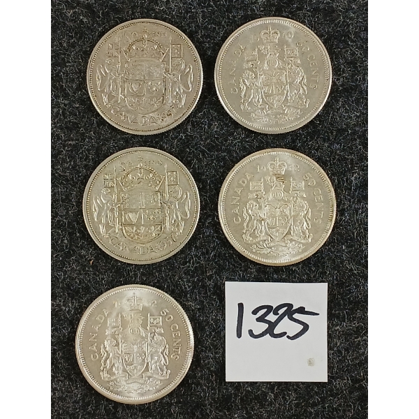 LOT OF 5 - 1957-1962 CDN 50 CENT SILVER COINS