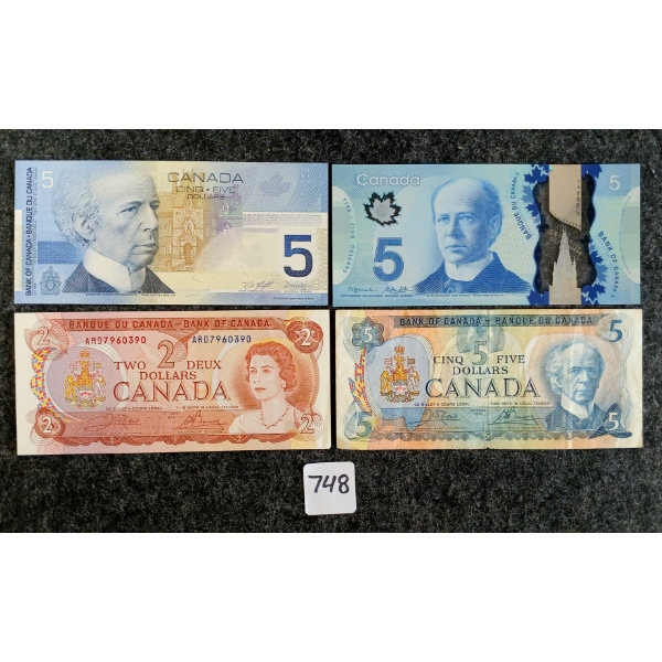 LOT OF 4 - 1974 CDN $2 BANKNOTE & 1979, 2002 & 2013 CDN $5 BANKNOTES