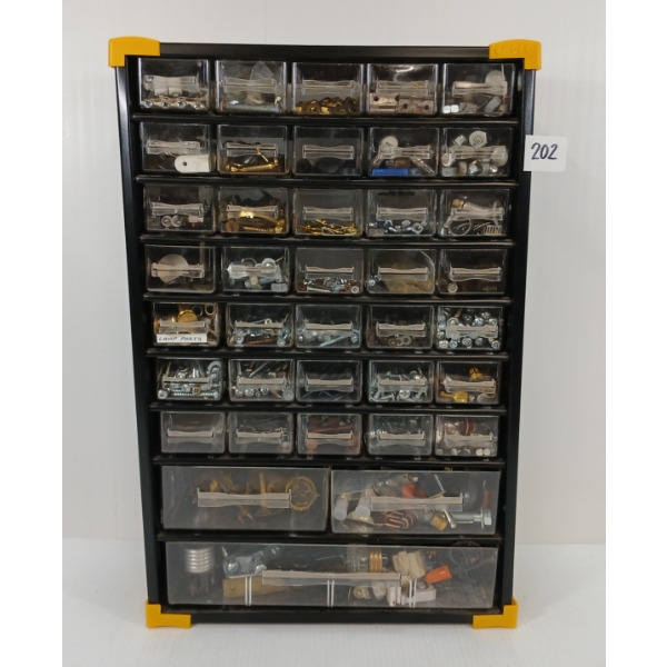 HOLT STORAGE CONTAINER W/ MISC. CLOCK REPAIR PARTS & HARDWARE
