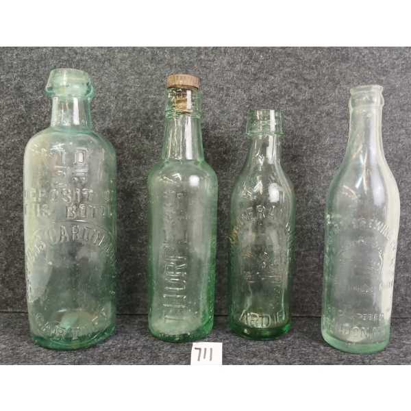 LOT OF 4 - AQUA GREEN BLOB TOP SCREW CAP, SQUARE SHOULDER & LONG NECK EMBOSSED BOTTLES