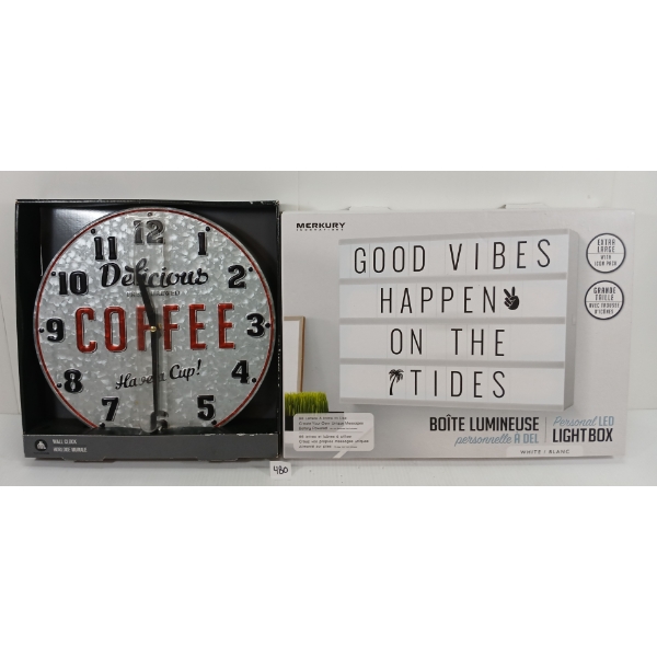 LOT OF 2 - WALL CLOCK & PERSONAL LED LIGHTBOX