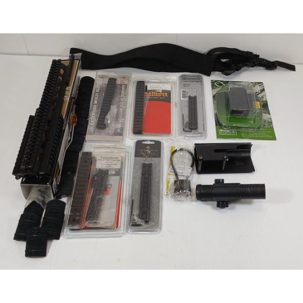 JOB LOT - UTG M14TR TACTICAL TRI-RAILS, BUSHNELL TROPHY RED DOT SCOPE, LEUPOLD MARLIN 336 MOUNT, ETC