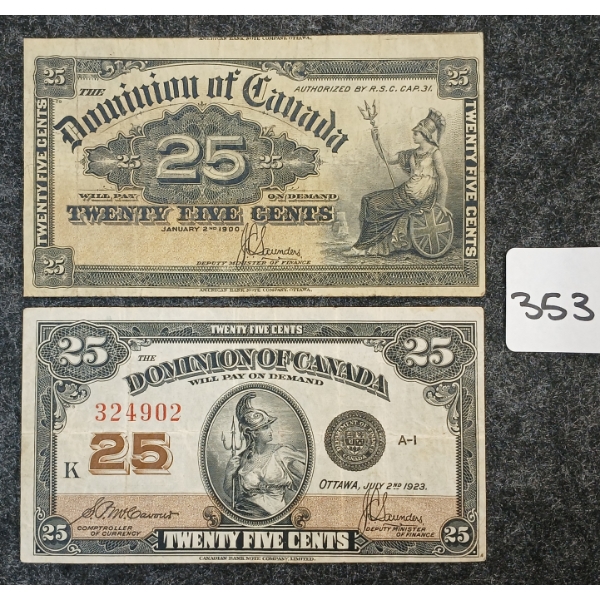 LOT OF 2 - 1900 & 1923 CDN 25 CENT BANKNOTES