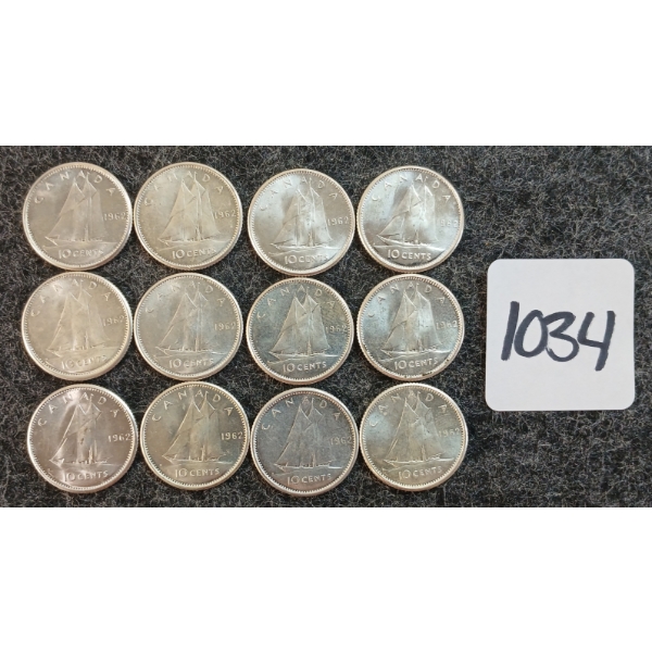 LOT OF 12 - 1962 CDN 10 CENT COINS