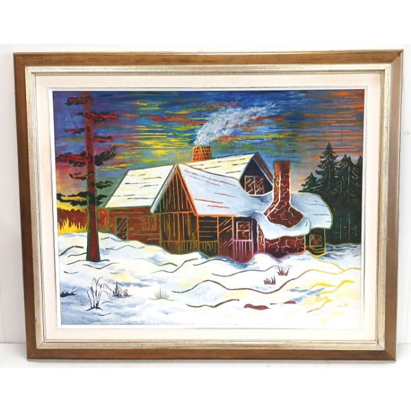 NORTHERN LIGHTS OVER CABIN BY LUELLA THOMSON (1934 - 2025) - FRAMED OIL & ACRYLIC BOARD