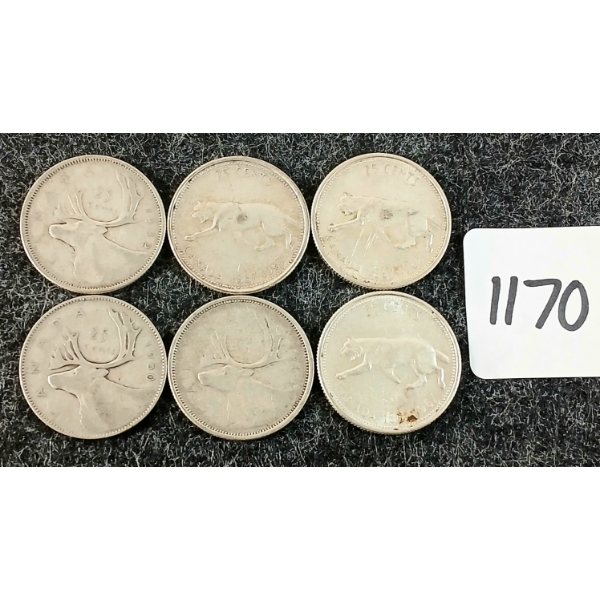 LOT OF 6 - 1950-1967 CDN 25 CENT COINS