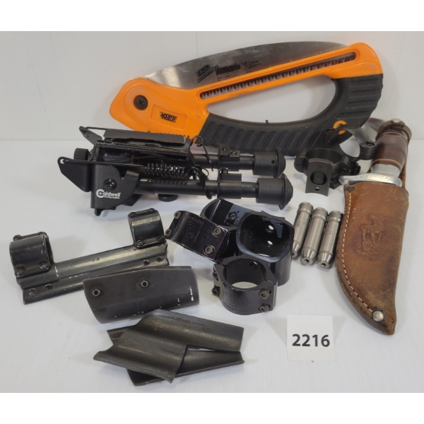 JOB LOT - CALDWELL BIPOD, HUNTING KNIFE, SAW, .25-06 CHAMBER GAUGES, ETC 