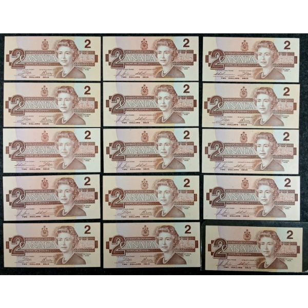 LOT OF 15 - 1986 CDN $2 BANKNOTES - INCL UNCIRCULATED 