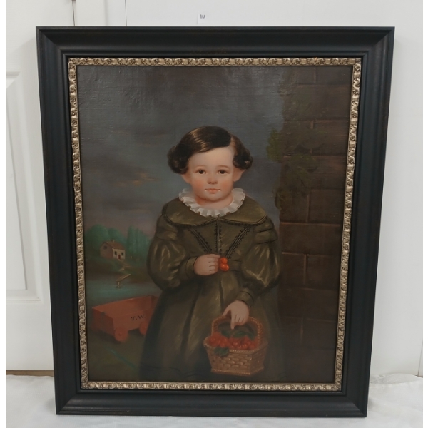BOY W/ CHERRIES PORTRAIT BY T.W. - FRAMED OIL ON CANVAS