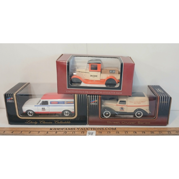 LOT OF 3 - LIBERY CLASSICS 1928 CHEVY, 1936 DODGE & 2006 VAN DIECAST COIN BANKS - IDEAL SUPPLY
