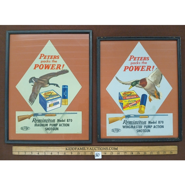 LOT OF 2 - "PETERS PACKS THE POWER" & REMINGTON 870 MAG & WINGMASTER PUMP ACTION RIFLES - FRAMED ADS