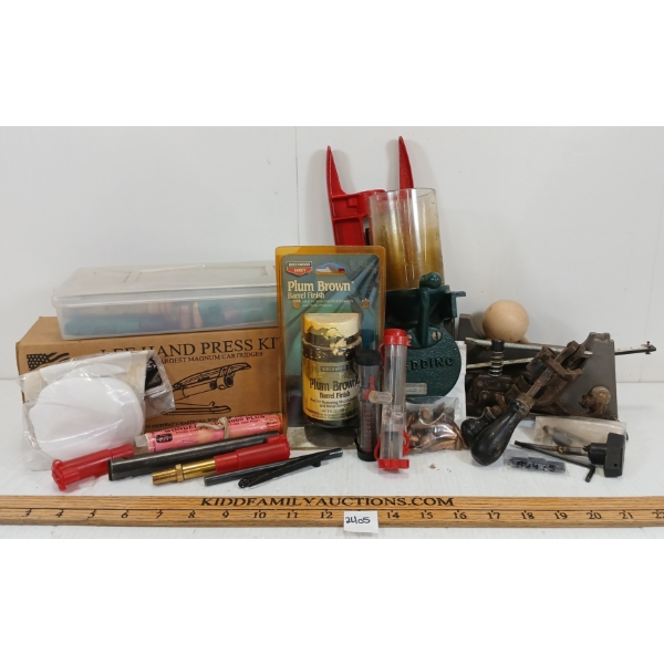 JOB LOT - MISC RELOADING PCS - INCL LEE HAND PRESS KIT, BBL FINISH, ETC