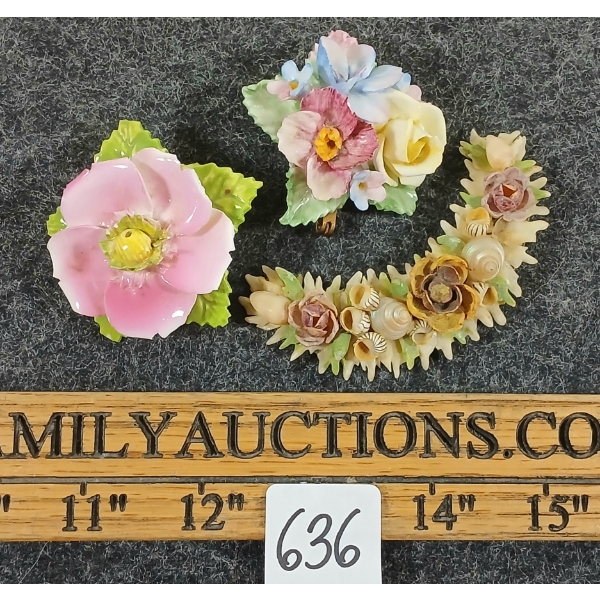 LOT OF 3 - THORLEY BONE CHINA & SEA SHELL FLORAL BROOCHES