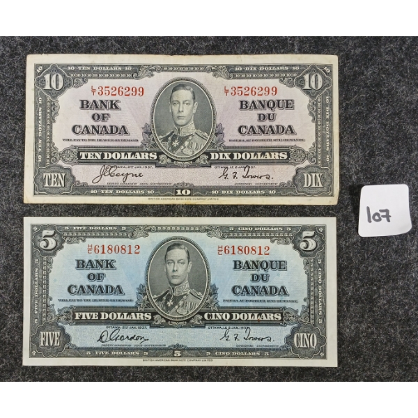 1937 CDN $5 & 10 BANKNOTES