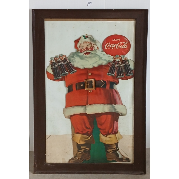 "SERVE COCA-COLA" SANTA CLAUS LITHOGRAPHED STANDEE IN FRAME