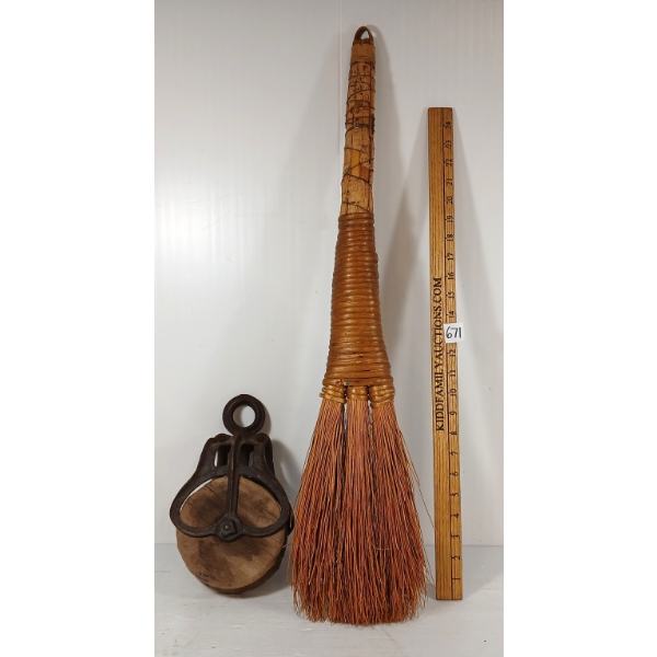 LOT OF 2 - WOOD PULLEY & STRAW FIREPLACE BROOM