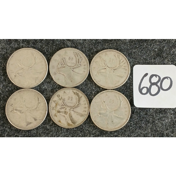 LOT OF 6 - 1941-1964 CDN 25 CENT COINS