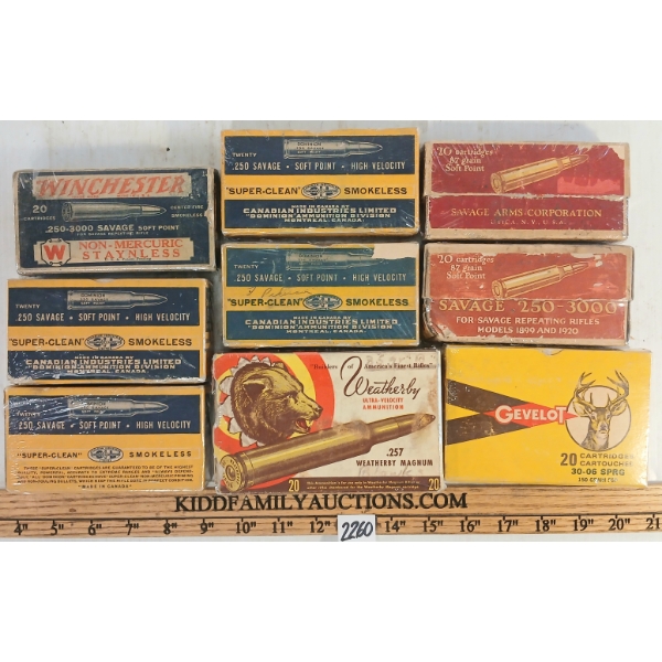 LOT OF 9 - COLLECTIBLE AMMO BOXES - INCL SAVAGE, CIL, WEATHERBY, GEVELOT & WINCHESTER