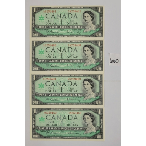 LOT OF 4 - 1967 CDN $1 BANKNOTES - SEQUENTIAL & UNCIRCULATED