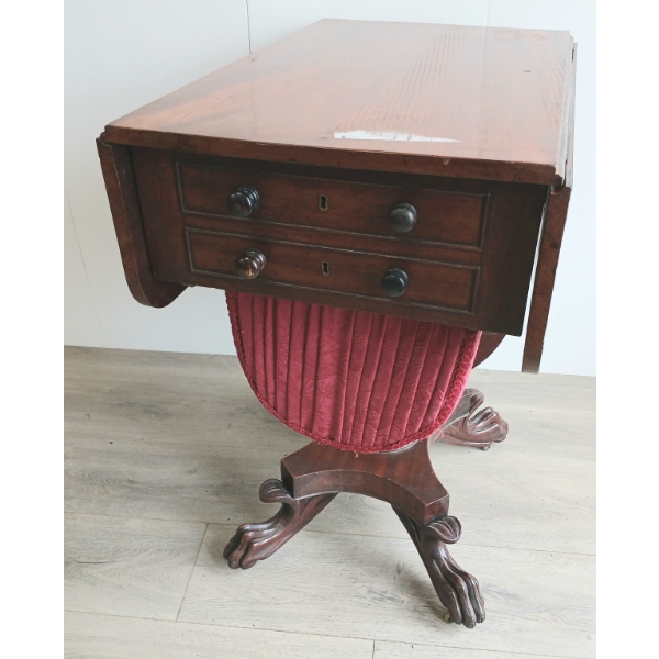 DROP LEAF SEWING STAND WITH WORK BAG - MAHOGANY - C. MID - LATE 1800s