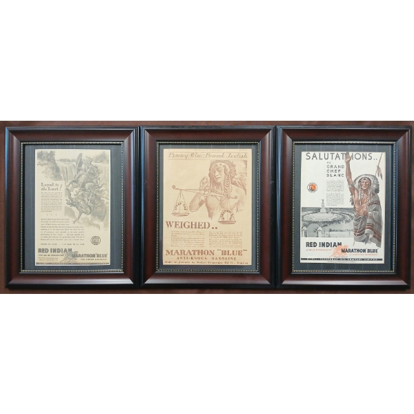 LOT OF 3 - FRAMED FRENCH & ENGLISH RED INDIAN MARATHON "BLUE" PAPER ADVERTISEMENTS