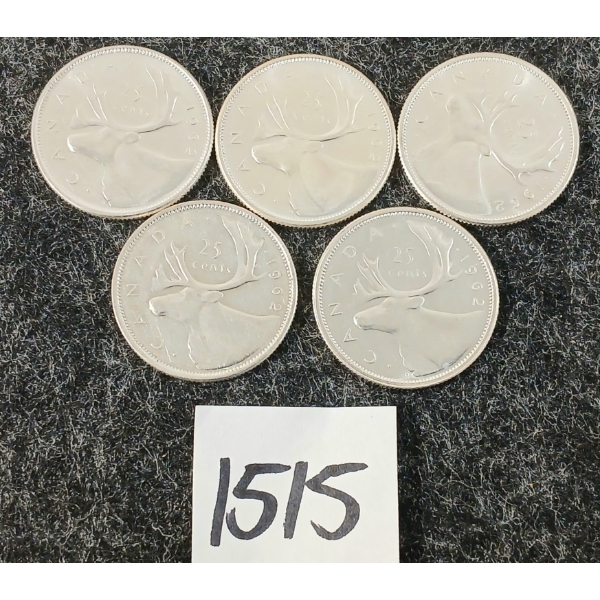 LOT OF 5 - 1962 CDN 25 CENT SILVER COINS