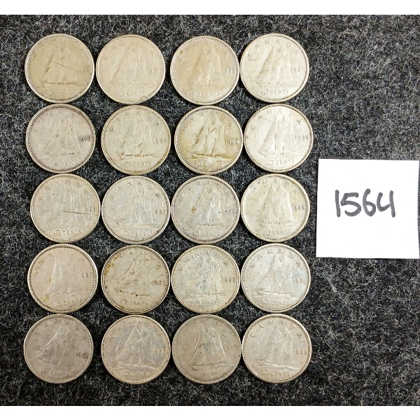 LOT OF 20 - 1943-1966 CDN 10 CENT SILVER COINS
