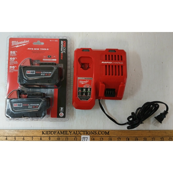 LOT OF 2 - MILWAUKEE RED LITHIUM XC50 M18 BATTERIES & CHARGER