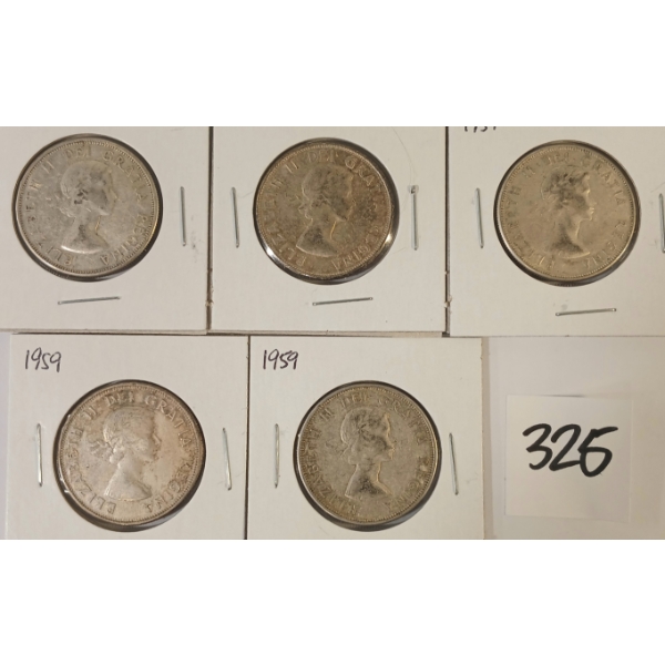 LOT OF 5 - 1959 CDN SILVER HALF DOLLARS