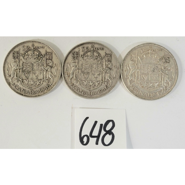 LOT OF 3 - 1946 CDN 50 CENT SILVER COINS