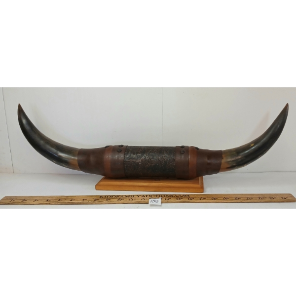 MOUNTED STEER HORNS W/ TOOLED LEATHER