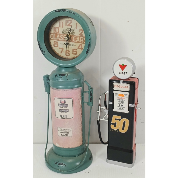 LOT OF 2 - GAS PUMP STYLE BATTERY OP CLOCK & COIN BANK