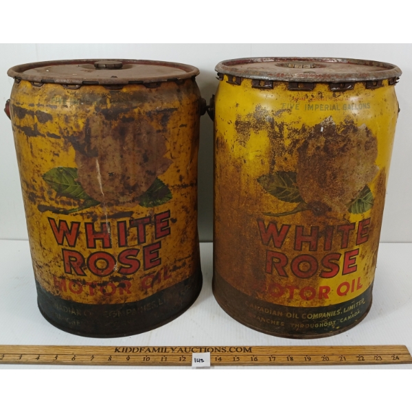 LOT OF 2 - WHITE ROSE MOTOR OIL CANS - 5 GAL